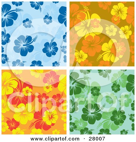 Clipart Illustration of a Set Of Blue, Orange, Yellow And Green Hibiscus Backgrounds by KJ Pargeter