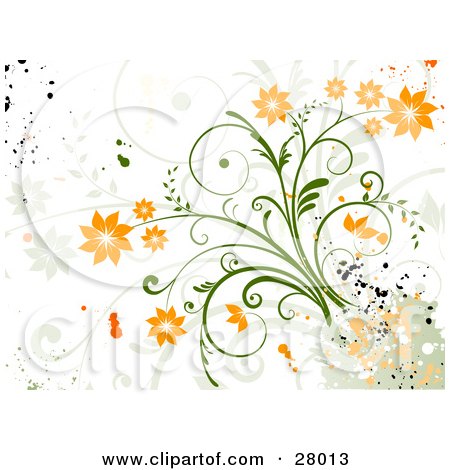 Clipart Illustration of a Grunge Background Of Orange Flowers On A Green Plant, With Green And Orange Paint Splatters by KJ Pargeter