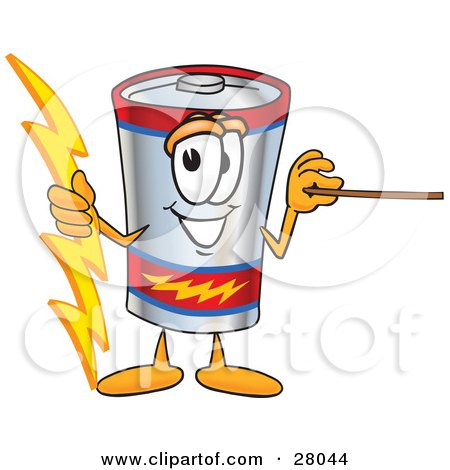 Clipart Illustration of a Battery Mascot Cartoon Character Holding A Bolt Of Energy And A Pointer Stick by Mascot Junction