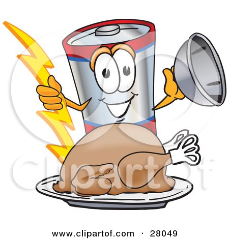 Clipart Illustration of a Battery Mascot Cartoon Character Serving a Thanksgiving Turkey on a Platter by Mascot Junction