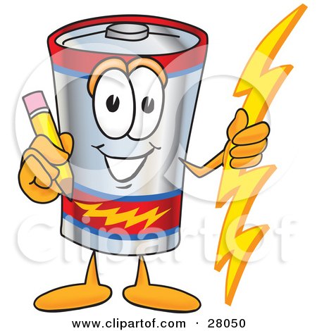 Clipart Illustration of a Battery Mascot Cartoon Character Holding a Pencil by Mascot Junction