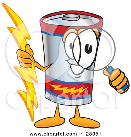 Clipart Illustration of a Battery Mascot Cartoon Character Holding A Bolt Of Energy And Looking Through A Magnifying Glass by Mascot Junction