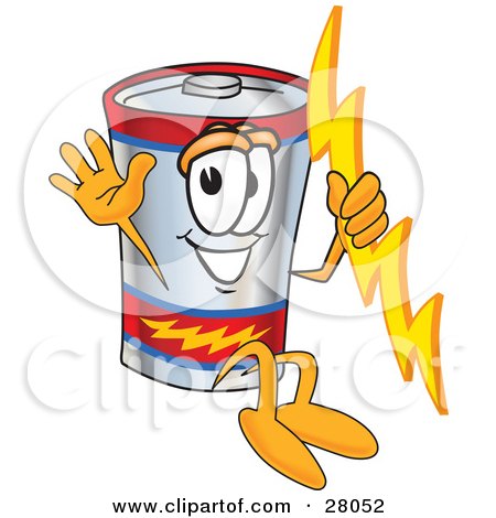 Clipart Illustration of a Battery Mascot Cartoon Character Holding A Bolt Of Energy And Jumping by Mascot Junction