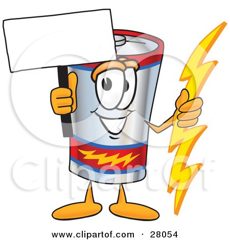Clipart Illustration of a Battery Mascot Cartoon Character Holding A Bolt Of Energy And A Blank Sign by Mascot Junction