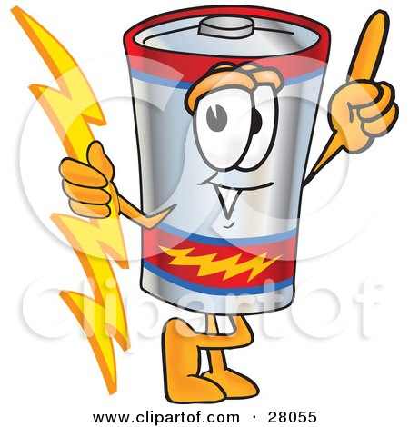 Clipart Illustration of a Battery Mascot Cartoon Character Holding A Bolt Of Energy And Pointing Upwards by Toons4Biz