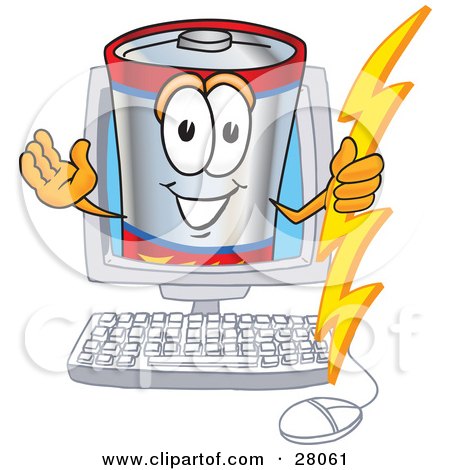 Clipart Illustration of a Battery Mascot Cartoon Character Holding A Bolt Of Energy And Waving In A Computer Screen by Mascot Junction