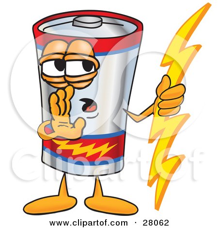 Clipart Illustration of a Battery Mascot Cartoon Character Holding A Bolt Of Energy And Whispering by Mascot Junction