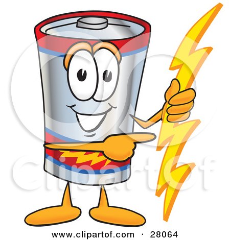 Clipart Illustration of a Battery Mascot Cartoon Character Holding A Bolt Of Energy And Pointing To The Right by Mascot Junction