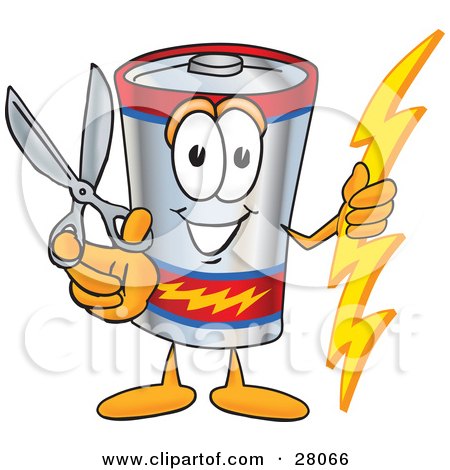 Clipart Illustration of a Battery Mascot Cartoon Character Holding a Pair of Scissors by Mascot Junction