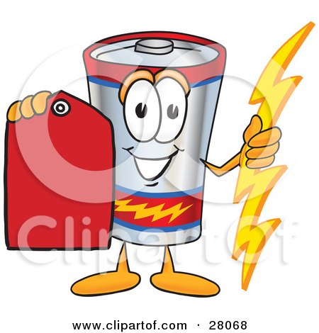 Clipart Illustration of a Battery Mascot Cartoon Character Holding A Bolt Of Energy And A Red Sales Price Tag by Mascot Junction