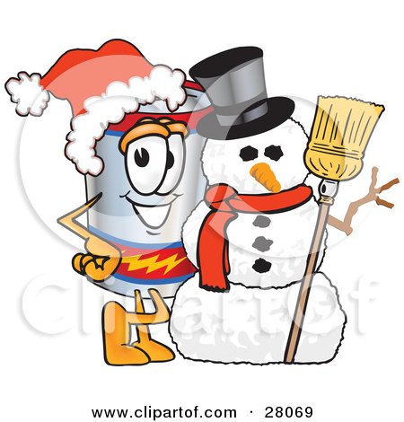 Clipart Illustration of a Battery Mascot Cartoon Character Wearing A Santa Hat And Posing With A Snowman On Christmas by Mascot Junction