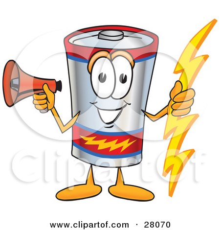 Clipart Illustration of a Battery Mascot Cartoon Character Holding A Bolt Of Energy And Megaphone by Mascot Junction