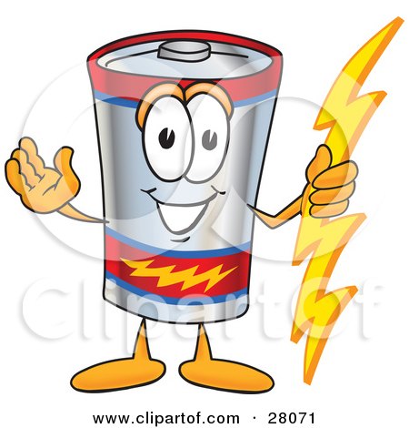 Clipart Illustration of a Battery Mascot Cartoon Character Holding A Bolt Of Energy And Welcoming by Mascot Junction