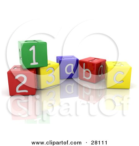 Clipart Illustration of Colorful Number And Alphabet Toy Blocks On A Reflective White Surface by KJ Pargeter