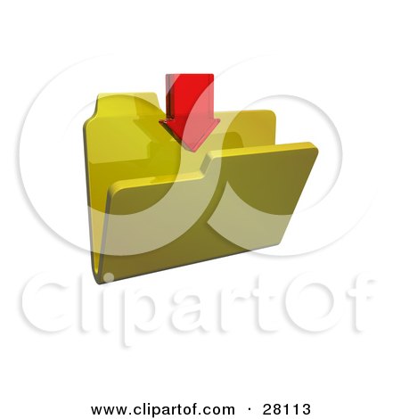 Clipart Illustration of a Red Download Arrow Pointing Down Over A Yellow Folder by KJ Pargeter