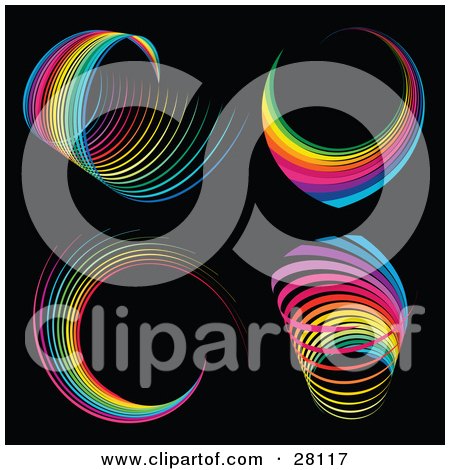 Clipart Illustration of a Set of Four Spiraling Rainbows Over a Black Background by KJ Pargeter