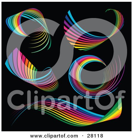 Clipart Illustration of a Set of Five Waving And Spiraling Rainbows Over a Black Background by KJ Pargeter