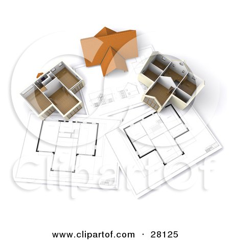 Clipart Illustration of a Roof Resting Between Two Model Homes On Floor Plans by KJ Pargeter