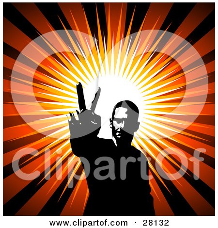 Clipart Illustration of a Hippie Man Gesturing The Peace Sign With His Hand, Over A Bursting Background by KJ Pargeter