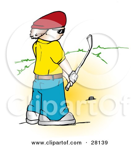 Clipart Illustration of a Man In A Yellow Shirt And Red Hat, Preparing To Tee Off by KJ Pargeter