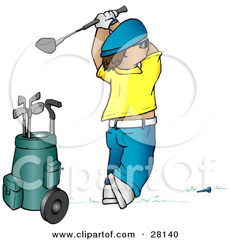 Clipart Illustration of a Man In A Yellow Shirt And Blue Hat, Teeing Off While Golfing by KJ Pargeter