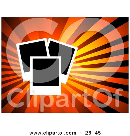 Clipart Illustration of a Set Of Three Blank Polaroid Pictures Over A Bursting Orange And Red Background by KJ Pargeter