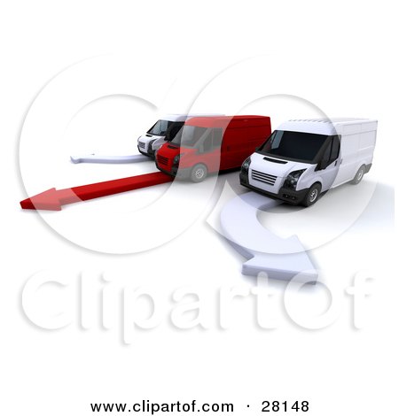 Clipart Illustration of Two White Delivery Vans Driving Beside A Red One, All On Matching Arrows by KJ Pargeter
