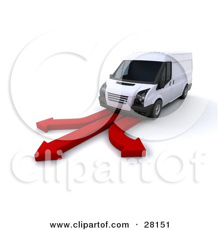 Clipart Illustration of a White Delivery Van Traveling Down A Road Made Of Three Red Arrows by KJ Pargeter