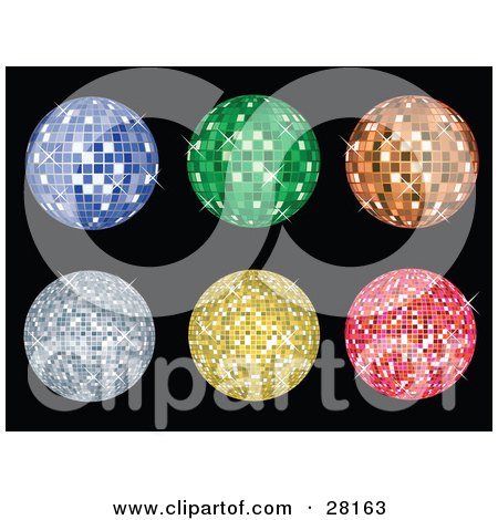 Clipart Illustration of a Set Of Six Blue, Green, Orange, Yellow And Pink Disco Balls Sparkling Over Black by KJ Pargeter