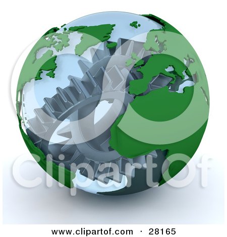 Clipart Illustration of Silver Cogs And Gears Working Inside A Transparent Earth Globe by KJ Pargeter