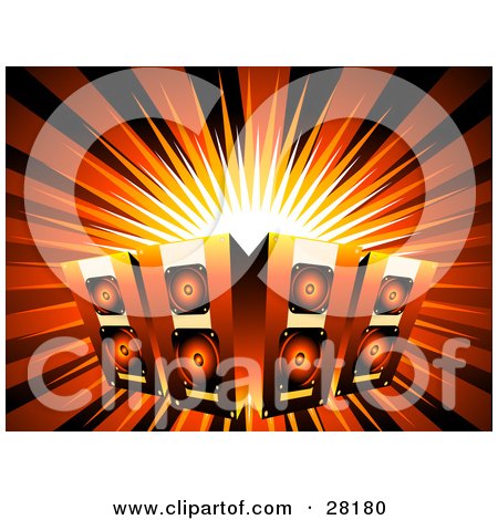 Clipart Illustration of Four Music Speakers Over A Bursting Background With Black And Red Light by KJ Pargeter