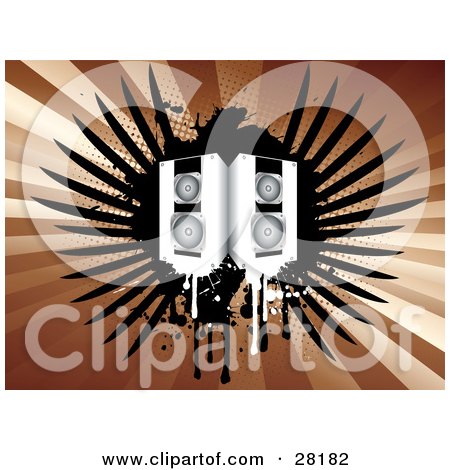 Clipart Illustration of a Pair Of Speakers Dripping Over Black Grunge Wings On A Bursting Brown Background by KJ Pargeter