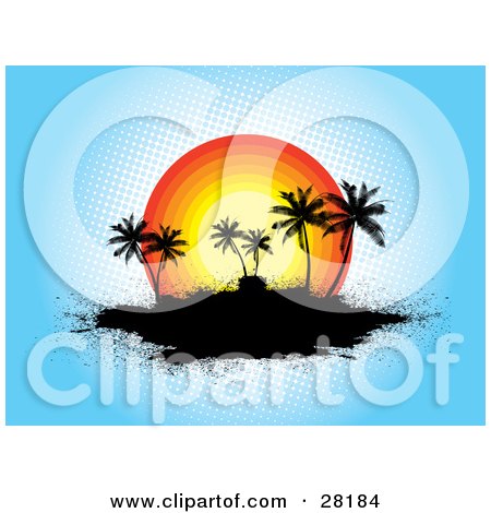 Clipart Illustration of a Grunge Tropical Background Of Silhouetted Palm Trees On A Black Island In Front Of A Sunset Over Blue by KJ Pargeter