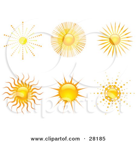 Clipart Illustration of a Set Of Six Bright Yellow And Orange Suns With Rays by KJ Pargeter