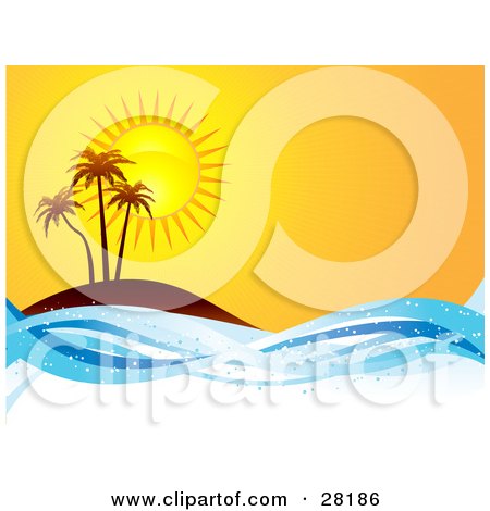Clipart Illustration of Three Silhouetted Palm Trees On An Island At Sunset, With Sparkling Blue Waves by KJ Pargeter
