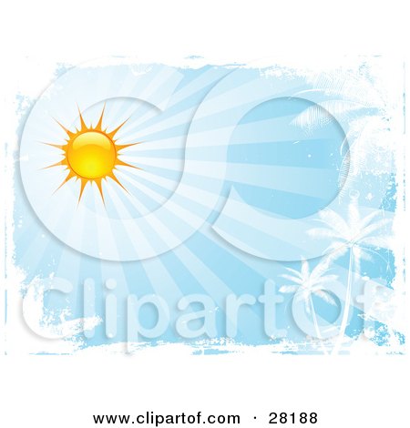 Clipart Illustration of a Bright Sun In A Blue Sky, With Rays Of Light Shining Down On White Silhouetted Palm Trees, Bordered By White Grunge by KJ Pargeter