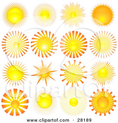 Clipart Illustration of a Set Of Sixteen Yellow And Orange Suns With Rays Of Light by KJ Pargeter