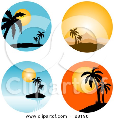 Clipart Illustration of a Set Of Four Circular Tropical Scenes Of Palm Trees At Sunset by KJ Pargeter
