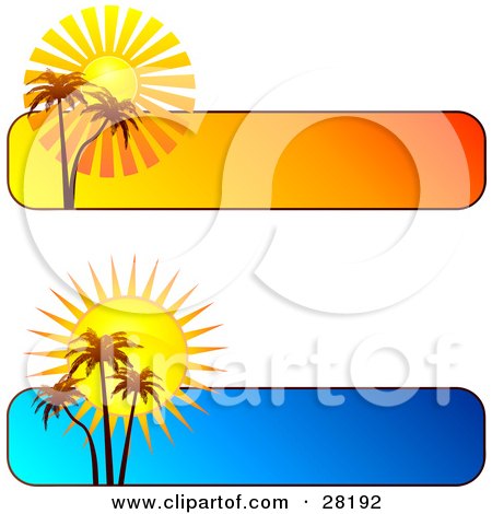Clipart Illustration of a Set Of Two Blue And Orange Tropical Sunset Website Banners Or Headers With Palm Trees by KJ Pargeter