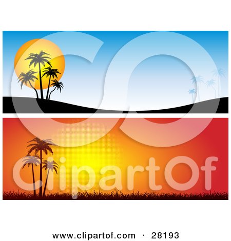 Clipart Illustration of a Set Of Two Blue And Orange Tropical Sunset Website Banners Or Headers by KJ Pargeter
