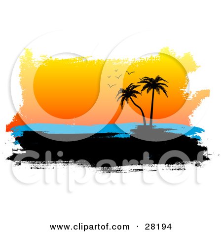 Clipart Illustration of a Silhouetted Tropical Island With Palm Trees, Blue Sea And Orange Sunset Sky With Seagulls by KJ Pargeter