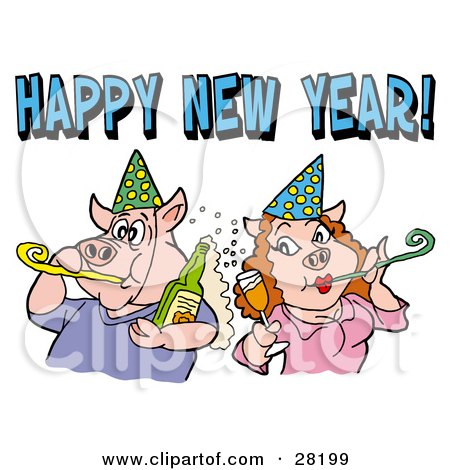 Clipart Illustration of a Pig Couple In Party Hats, Getting Drunk And Blowing Noise Makers Under A Happy New Year Greeting by LaffToon