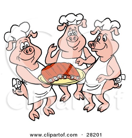 Clipart Illustration of Three Chef Pigs In Hats And Aprons, Carrying A Platter Of Pork Ribs by LaffToon