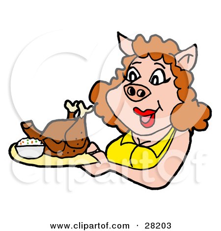 Clipart Illustration of a Pig Woman In A Yellow Shirt, Carrying A Cooked Turkey Or Chicken On A Platter by LaffToon
