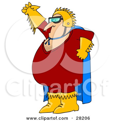 Clipart Illustration of a Chubby Cacuasian Super Hero Man In A Blue Cape, Red Costume And Golden Gloves by djart