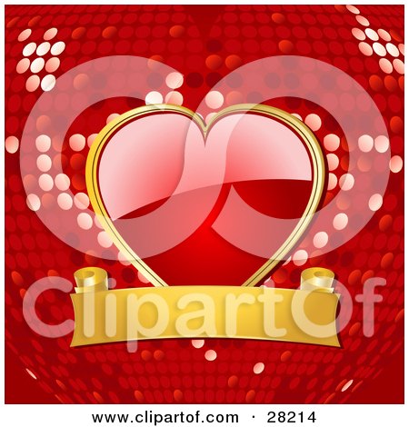 Clipart Illustration of a Shiny Red Heart With A Gold Frame, Attached To A Gold Banner Over A Red Disco Ball Background by elaineitalia