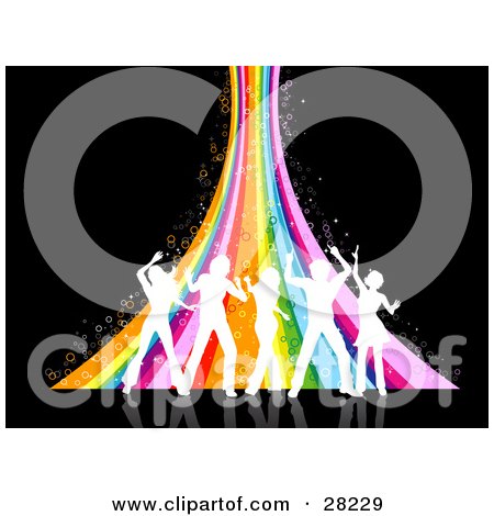 Clipart Illustration of Five White Silhouetted People Dancing In Front Of A Sparkly Rainbow Over A Black Background by KJ Pargeter