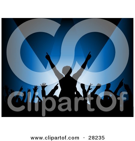 Clipart Illustration of a Silhouetted Music Concert Audience Waving Their Hands In The Air, Over A Blue Background by KJ Pargeter