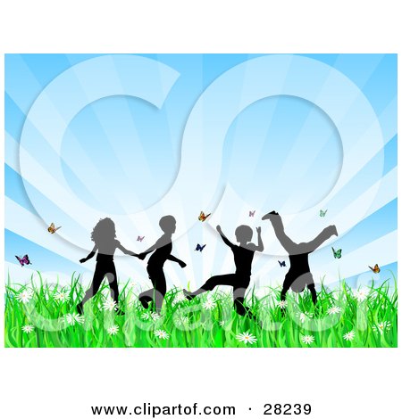 Four Silhouetted Children Running, Holding Hands And Doing Somersaults In A Field Of Butterflies And Spring Flowers Over A Bursting Blue Background Posters, Art Prints
