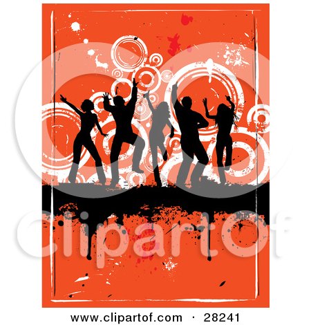 Clipart Illustration of a Group Of Silhouetted Adults Dancing And Partying On A Black Dripping Grunge Bar Over An Orange Background With White Circles by KJ Pargeter